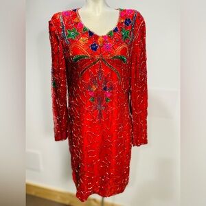 Vibrant Red Beaded Long Sleeve Dress